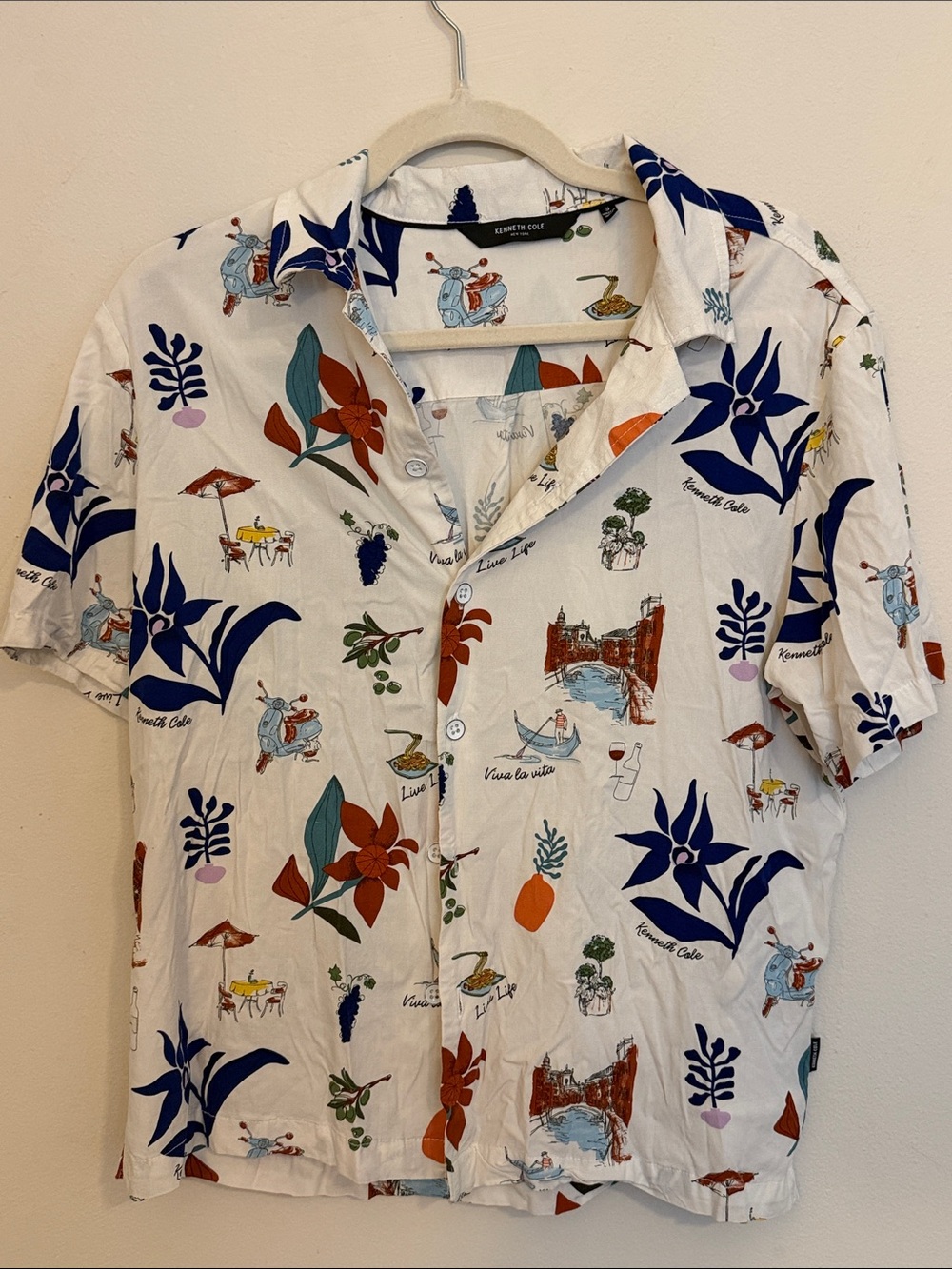 Kenneth Cole White Short-Sleeve Floral & Travel Print Camp Shirt